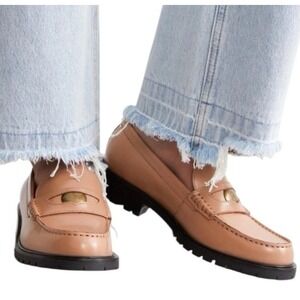 New Free People Liv Penny Loafers 7.5 37.5 Preppy Academia Camel‎ Brown Leather